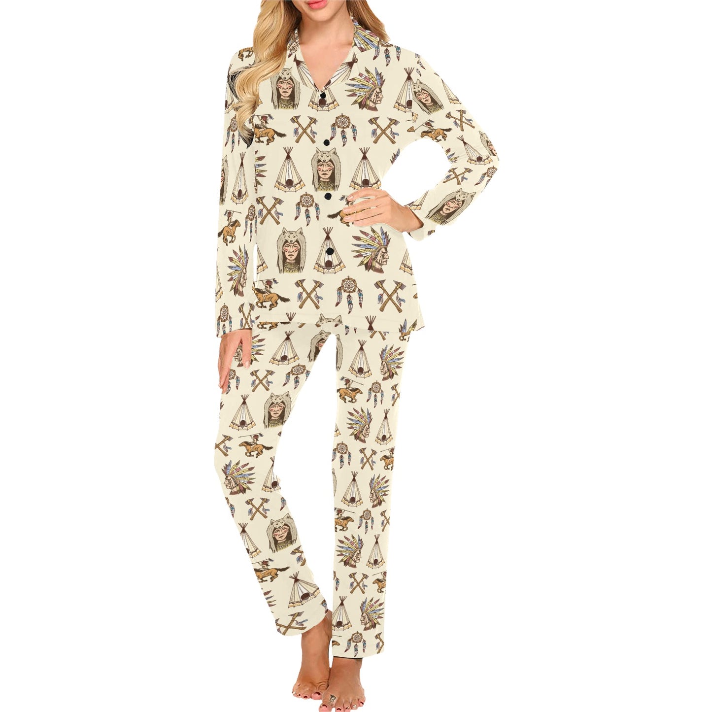 Native Indian Pattern Design Print Women's Long Pajama Set