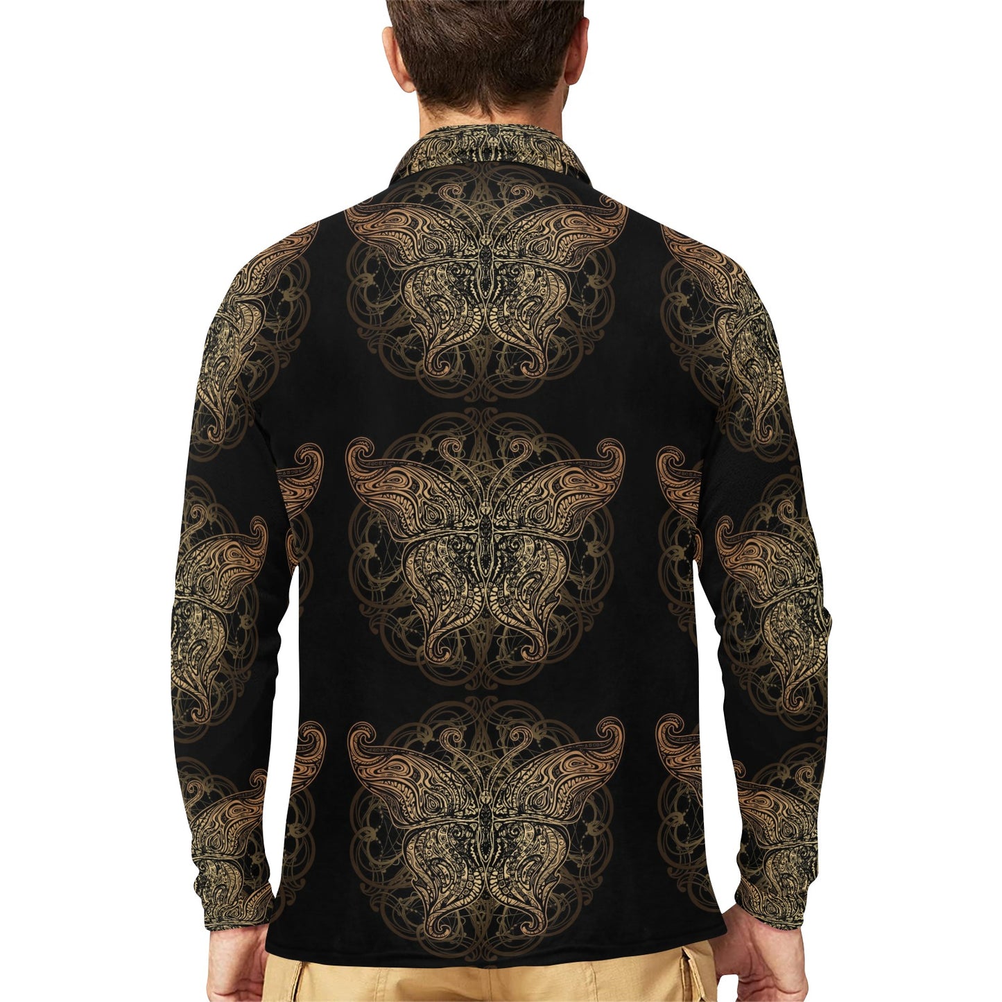 Gold Butterfly Ornamental Long Sleeve Polo Shirt For Men's