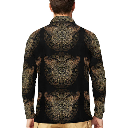 Gold Butterfly Ornamental Long Sleeve Polo Shirt For Men's