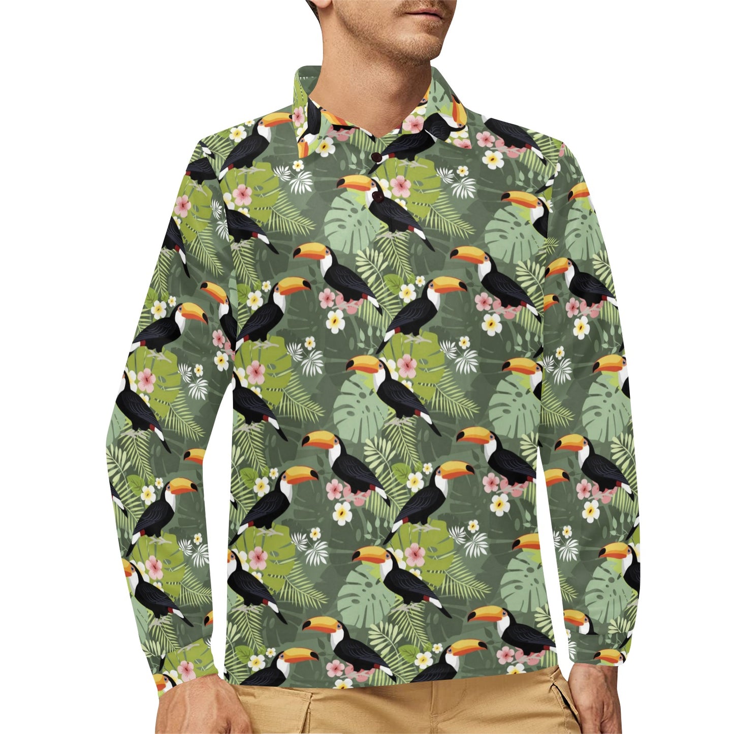 Toucan Print Design LKS304 Long Sleeve Polo Shirt For Men's