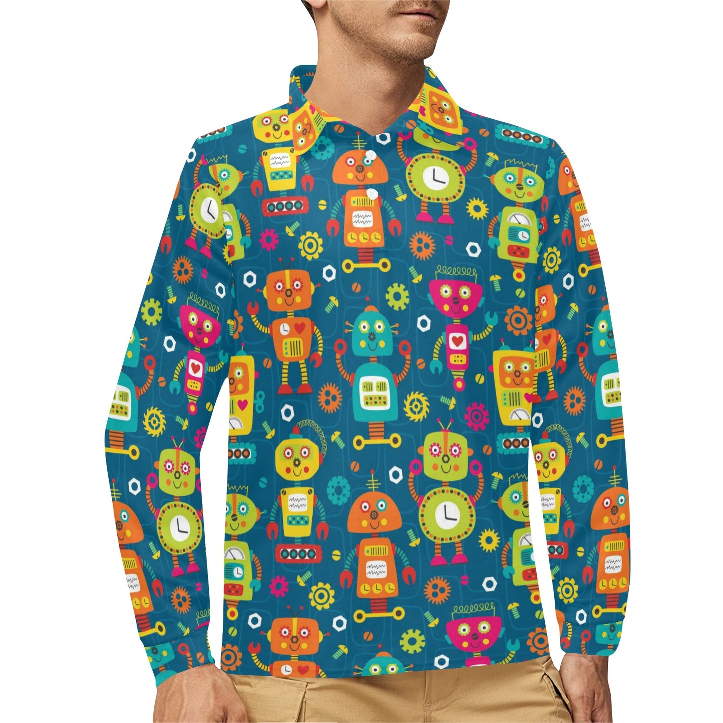 Robot Pattern Print Design A04 Long Sleeve Polo Shirt For Men's