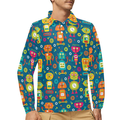 Robot Pattern Print Design A04 Long Sleeve Polo Shirt For Men's