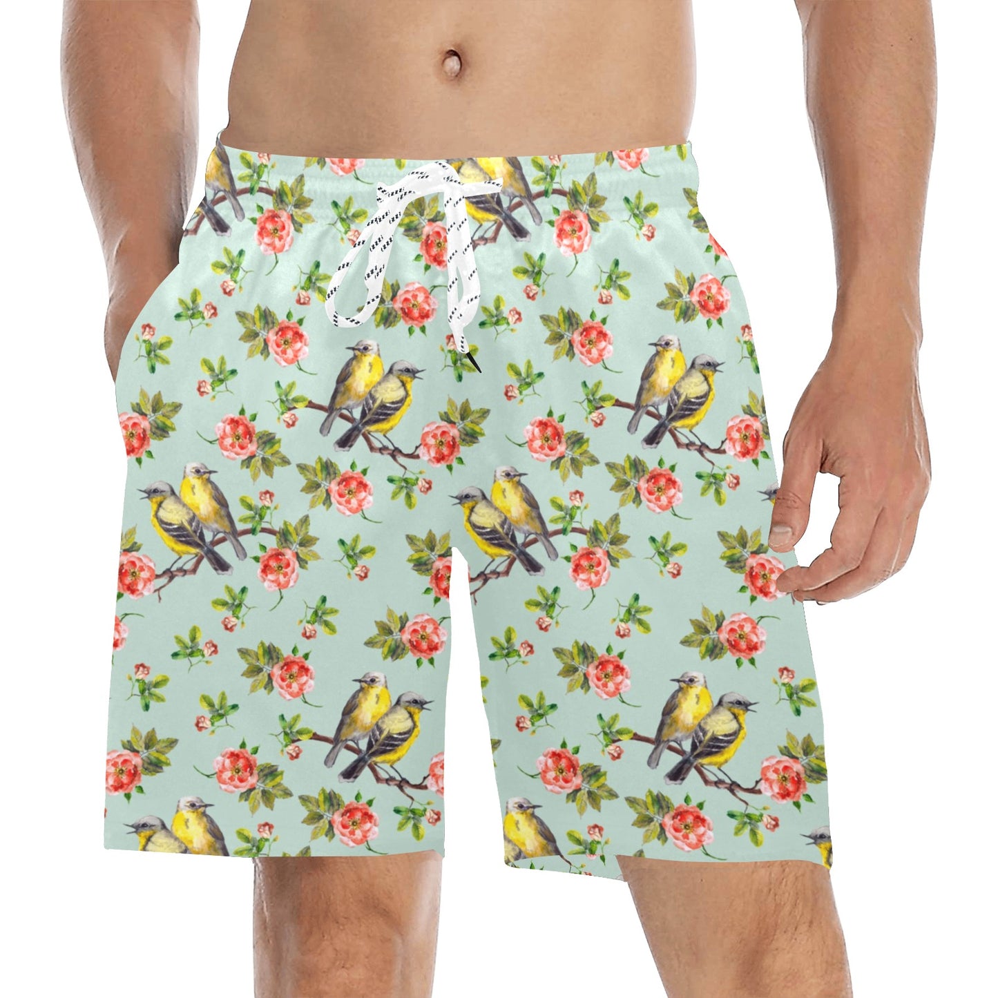 Bird with Red Flower Print Pattern Men's Swim Trunks Beach Shorts