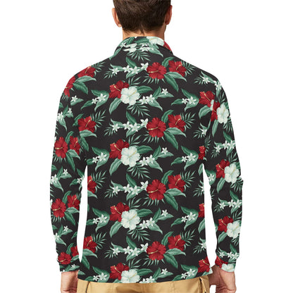 Tropical Flower Print Design LKS303 Long Sleeve Polo Shirt For Men's