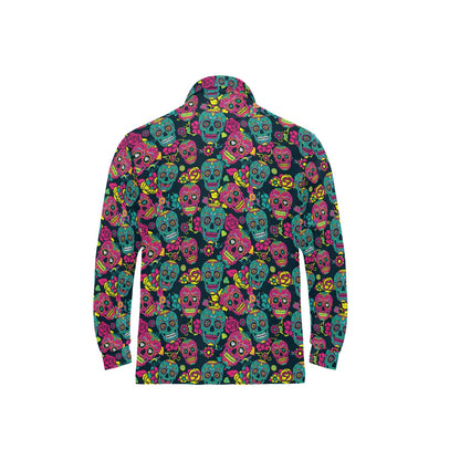 Sugar Skull Floral Design Themed Print Long Sleeve Polo Shirt For Men's