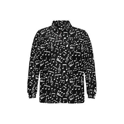 Music Note Black white Themed Print Long Sleeve Polo Shirt For Men's