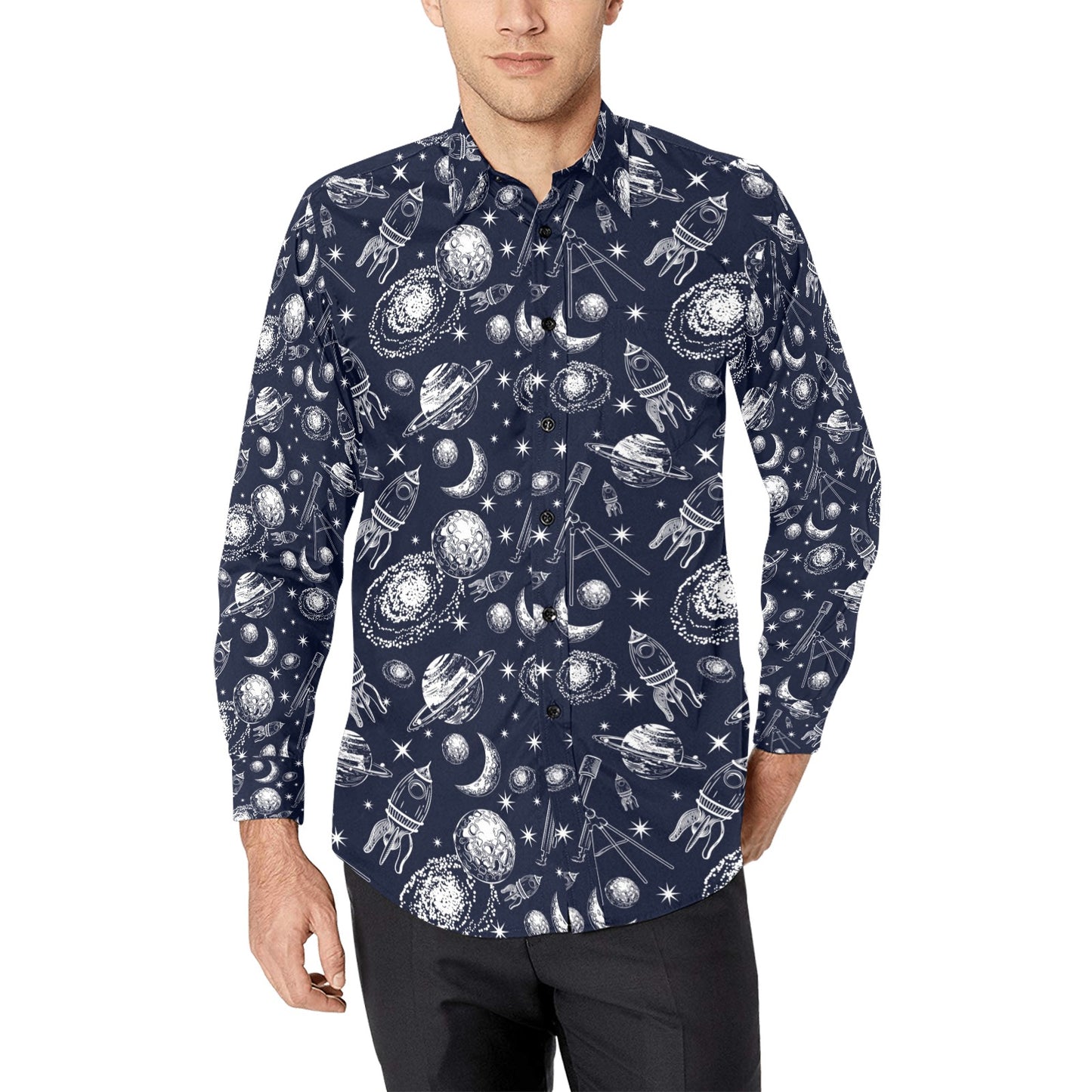 Space Rocket Print Design LKS301 Men's Long Sleeve Dress Shirt