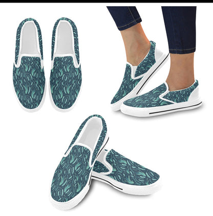 Seaweed Print Design LKS302 White Slip Ons Canvas Women's Shoes