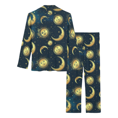 Gold Sun Moon Face Women's Long Pajama Set