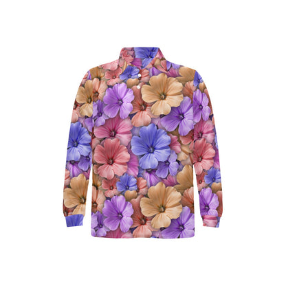 Colorful Geranium Pattern Long Sleeve Polo Shirt For Men's