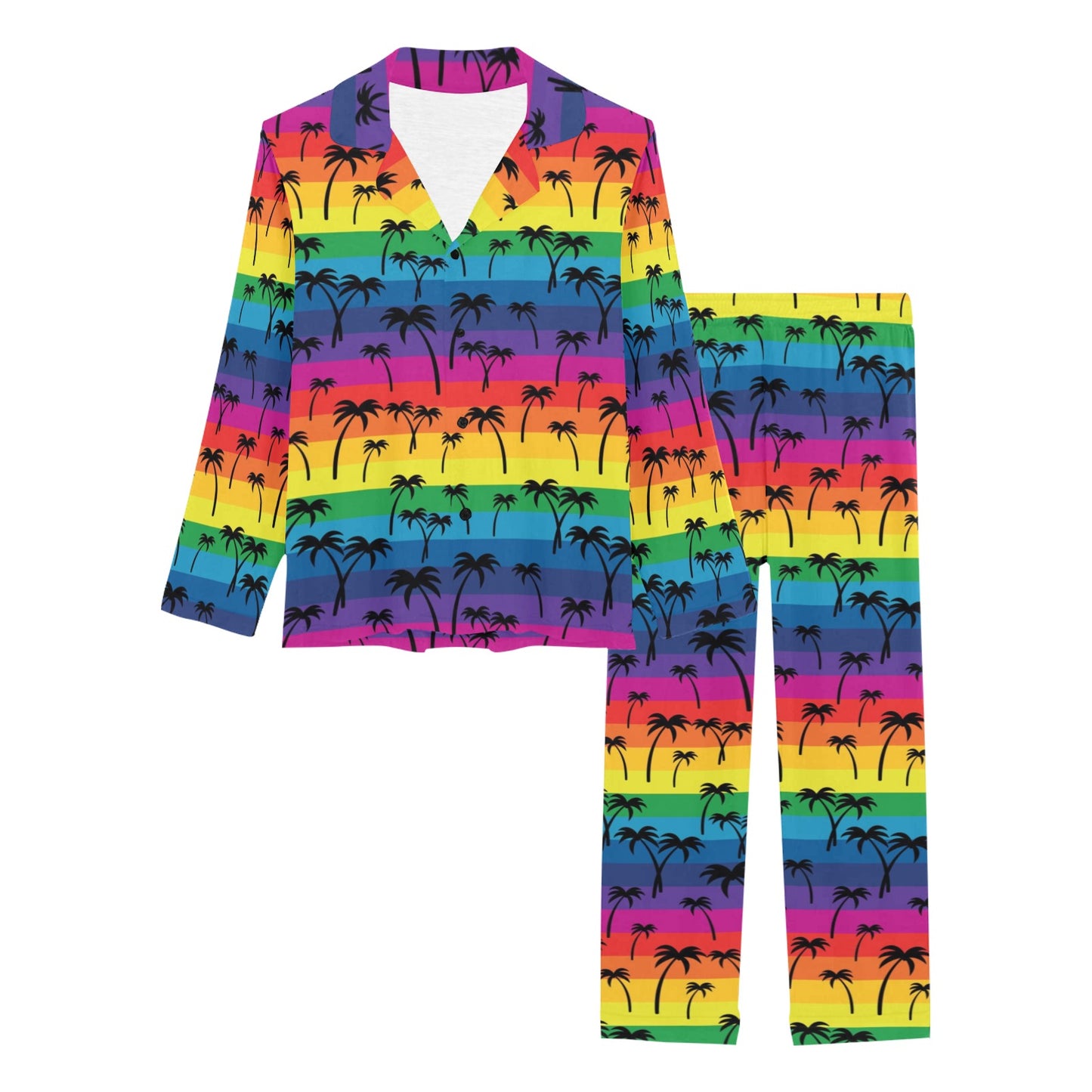 Palm Tree Rainbow Themed Print Women's Long Pajama Set