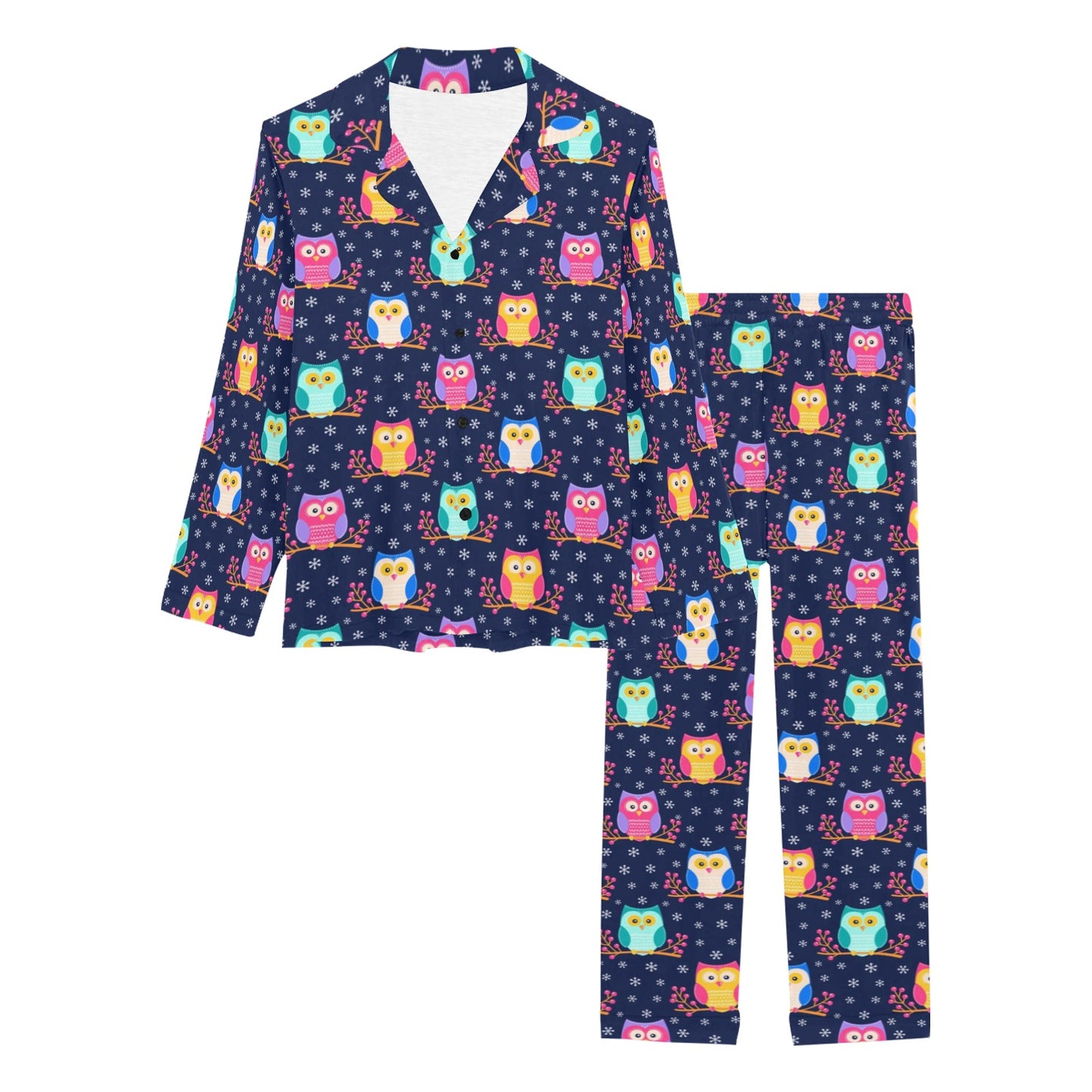 Owl Cute Themed Design Print Women's Long Pajama Set