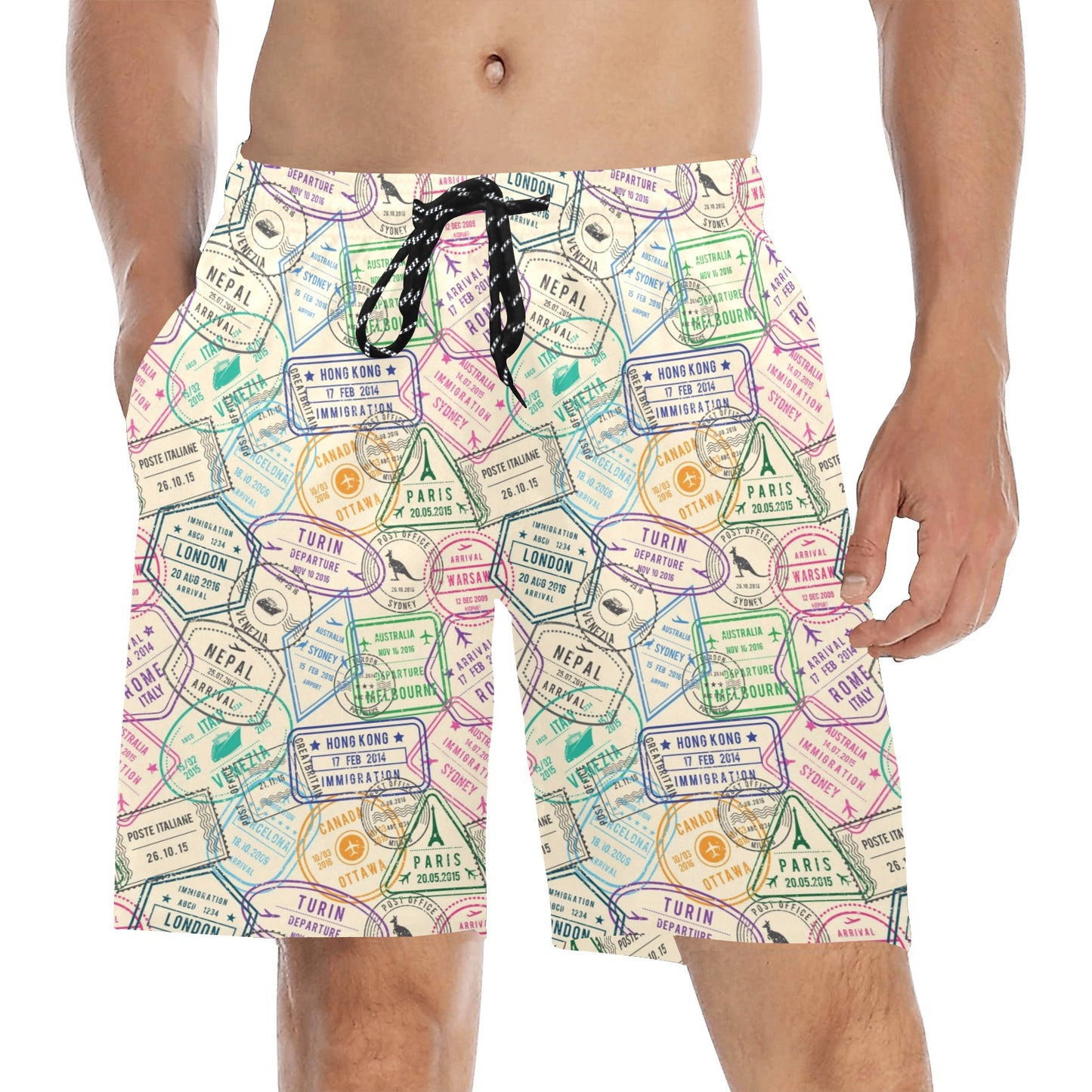 Travel Stamp Print Design LKS303 Men's Swim Trunks Beach Shorts