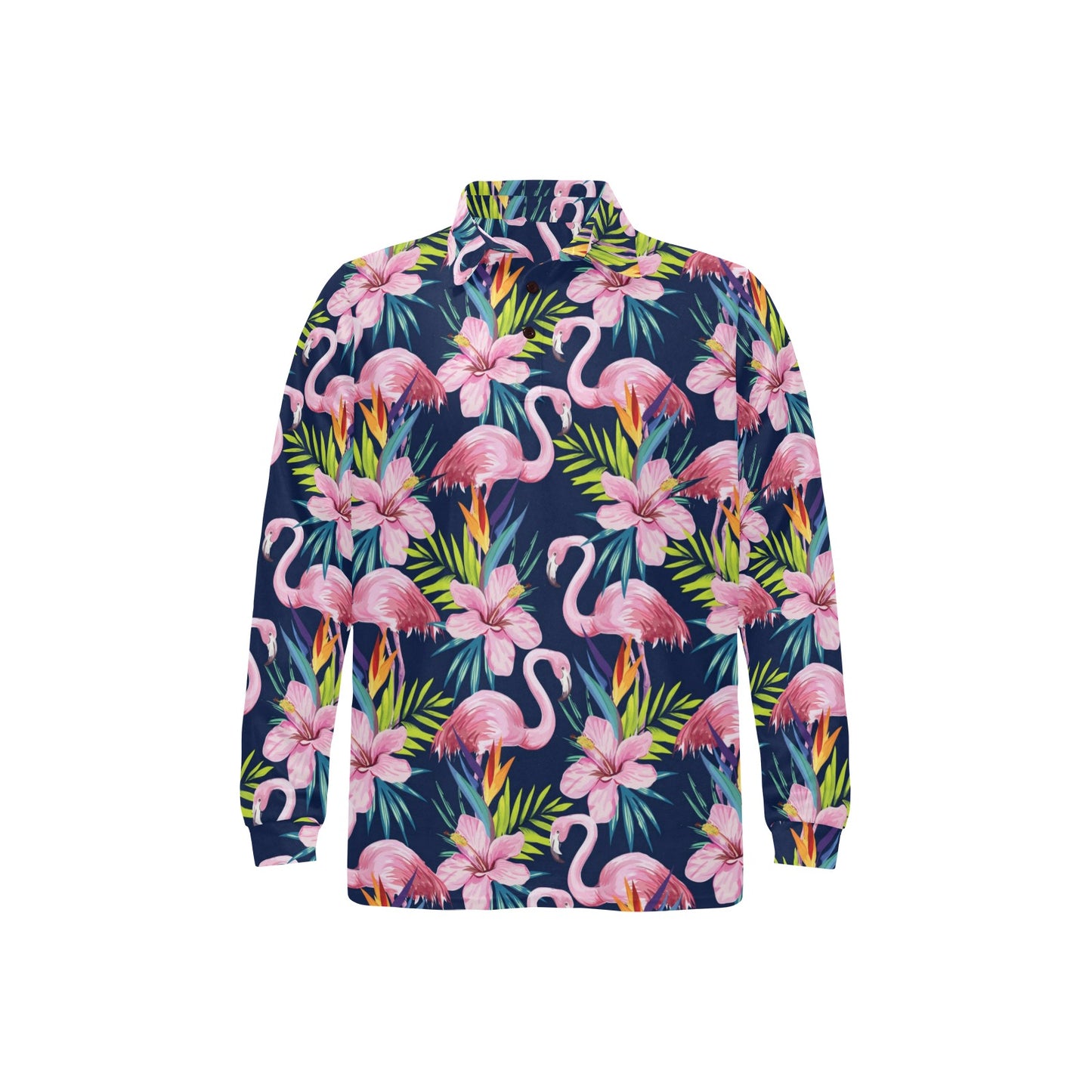 Flamingo Hibiscus Print Long Sleeve Polo Shirt For Men's