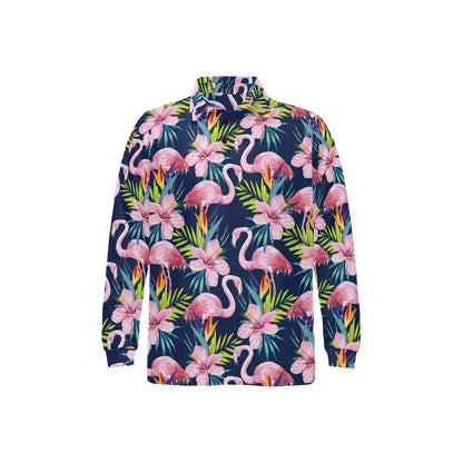 Flamingo Hibiscus Print Long Sleeve Polo Shirt For Men's
