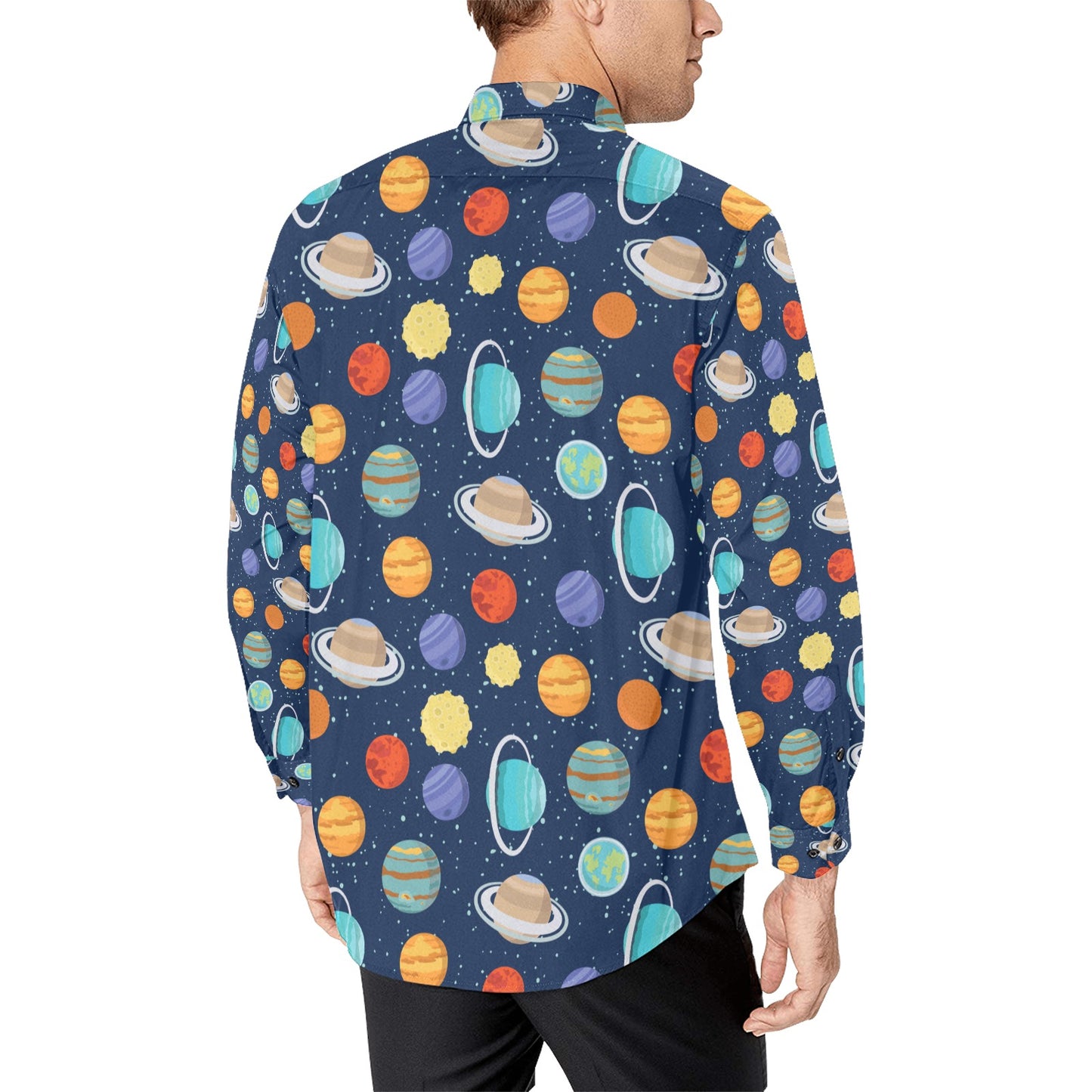 Planet With Star Print Design LKS303 Men's Long Sleeve Dress Shirt