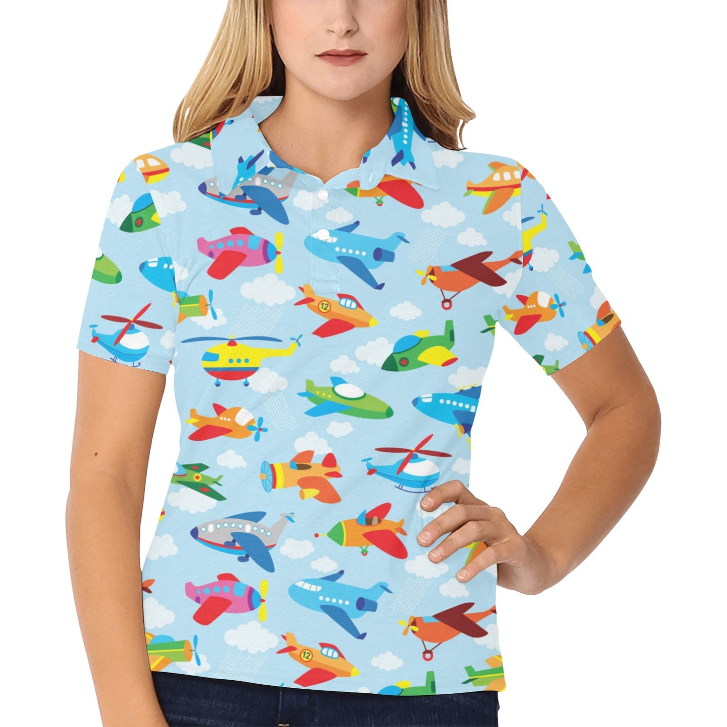 Airplane Colorful Pattern Print Design 01 Women's Polo Shirt