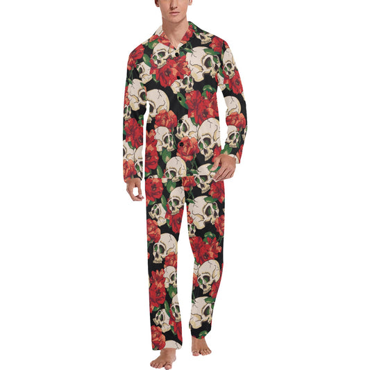 Skull Red Rose Men's Long Pajama Set