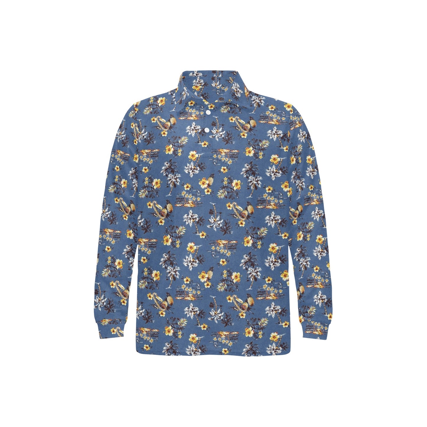 Hawaiian Flower Blue Print Long Sleeve Polo Shirt For Men's