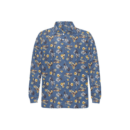 Hawaiian Flower Blue Print Long Sleeve Polo Shirt For Men's