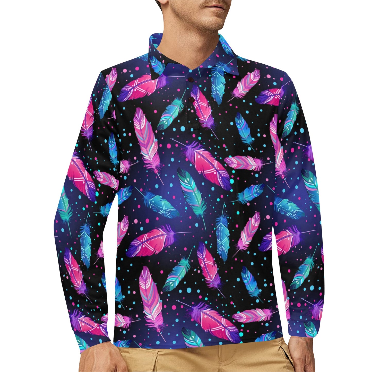 Feather Colorful Boho Design Print Long Sleeve Polo Shirt For Men's