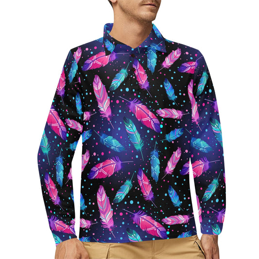 Feather Colorful Boho Design Print Long Sleeve Polo Shirt For Men's