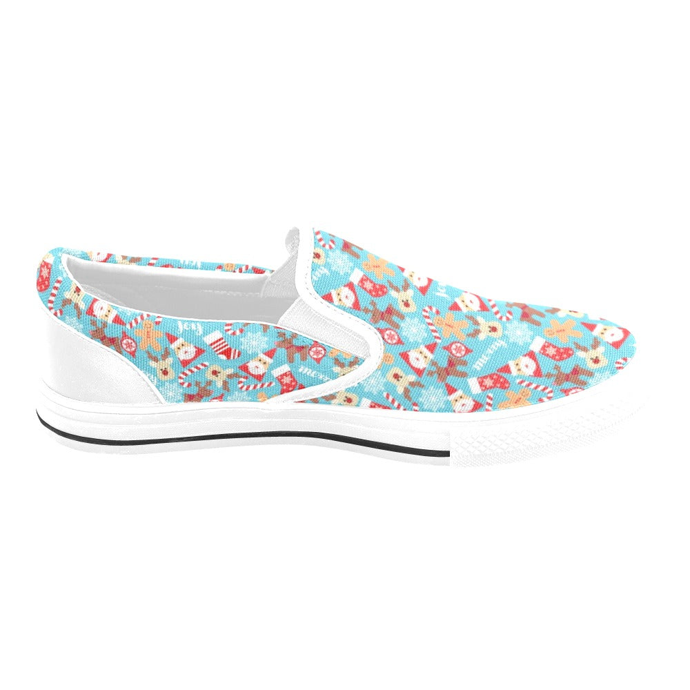 Santa Christmas Themed Print Design LKS306 White Slip Ons Canvas Women's Shoes