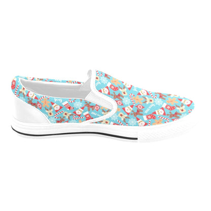 Santa Christmas Themed Print Design LKS306 White Slip Ons Canvas Women's Shoes