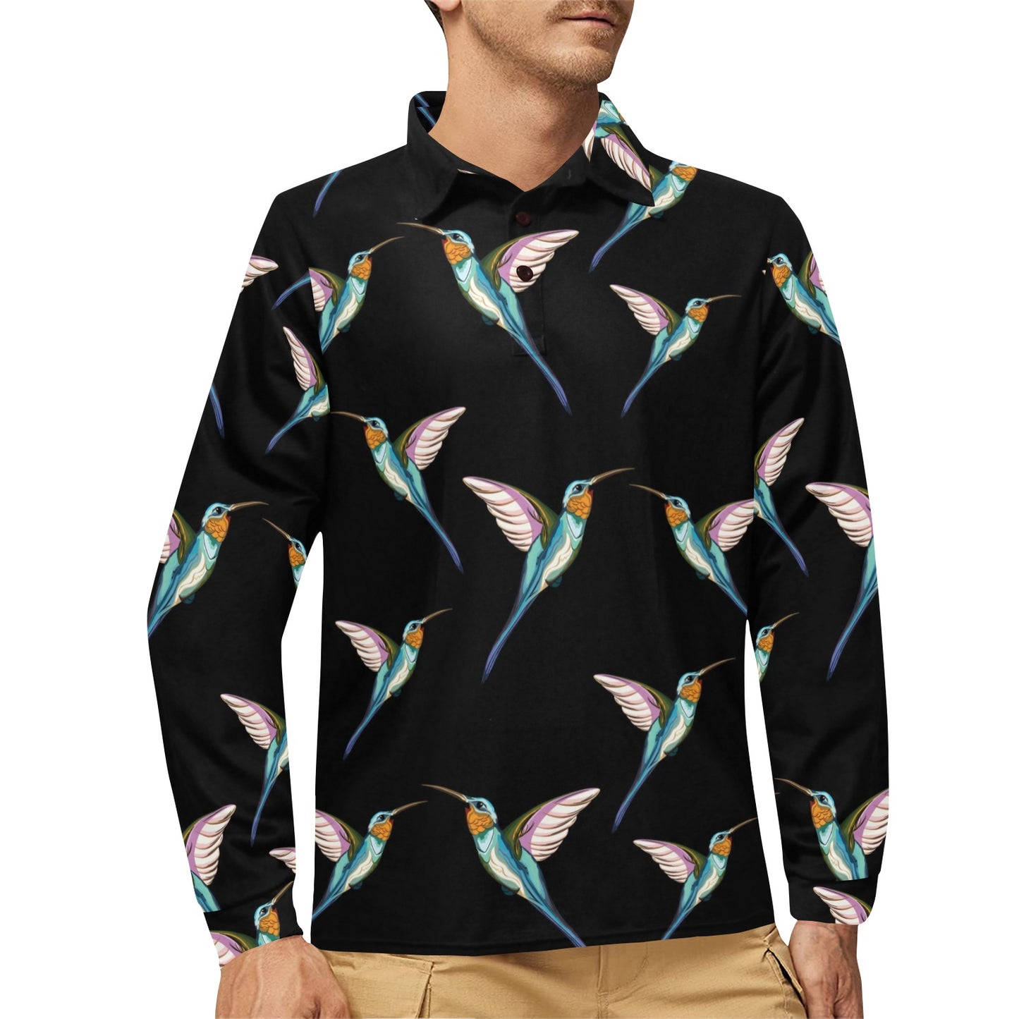 Hummingbird Pattern Print Design 06 Long Sleeve Polo Shirt For Men's