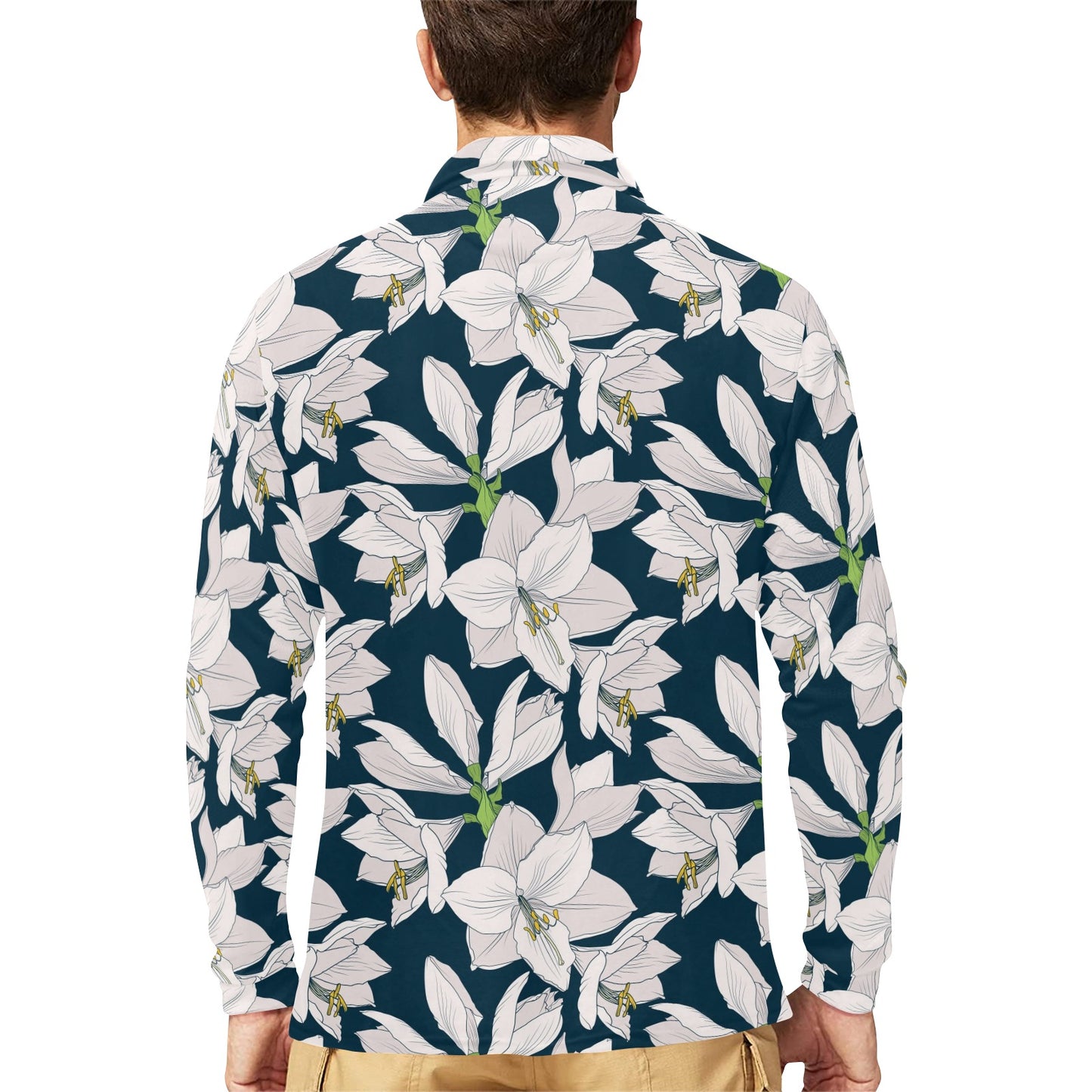 Amaryllis Pattern Print Design 01 Long Sleeve Polo Shirt For Men's