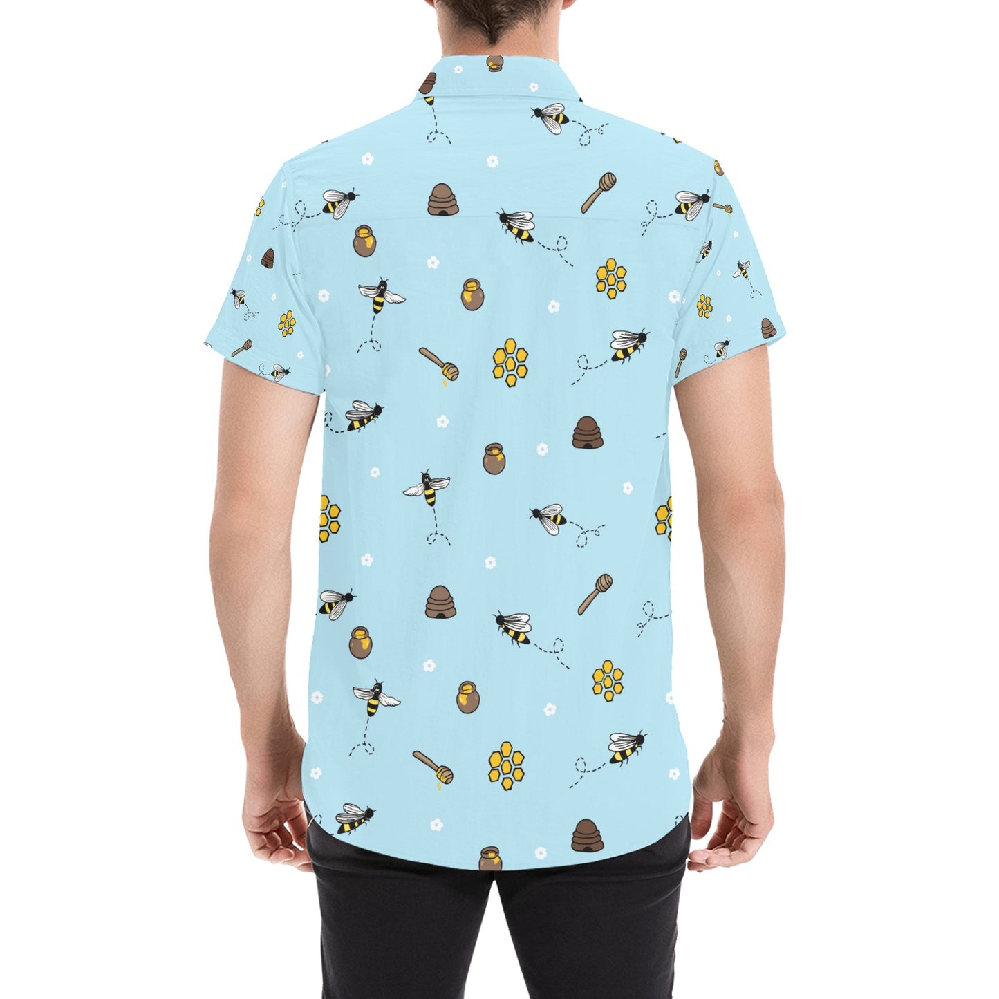 Honey Bee Print Design LKS307 Men Short Sleeve Button Up Shirt