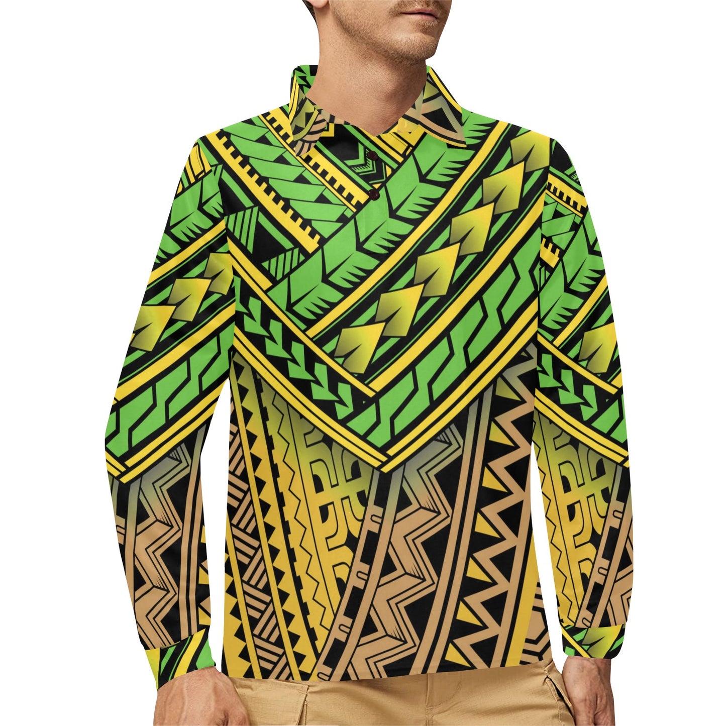 Polynesian Tribal Color Long Sleeve Polo Shirt For Men's