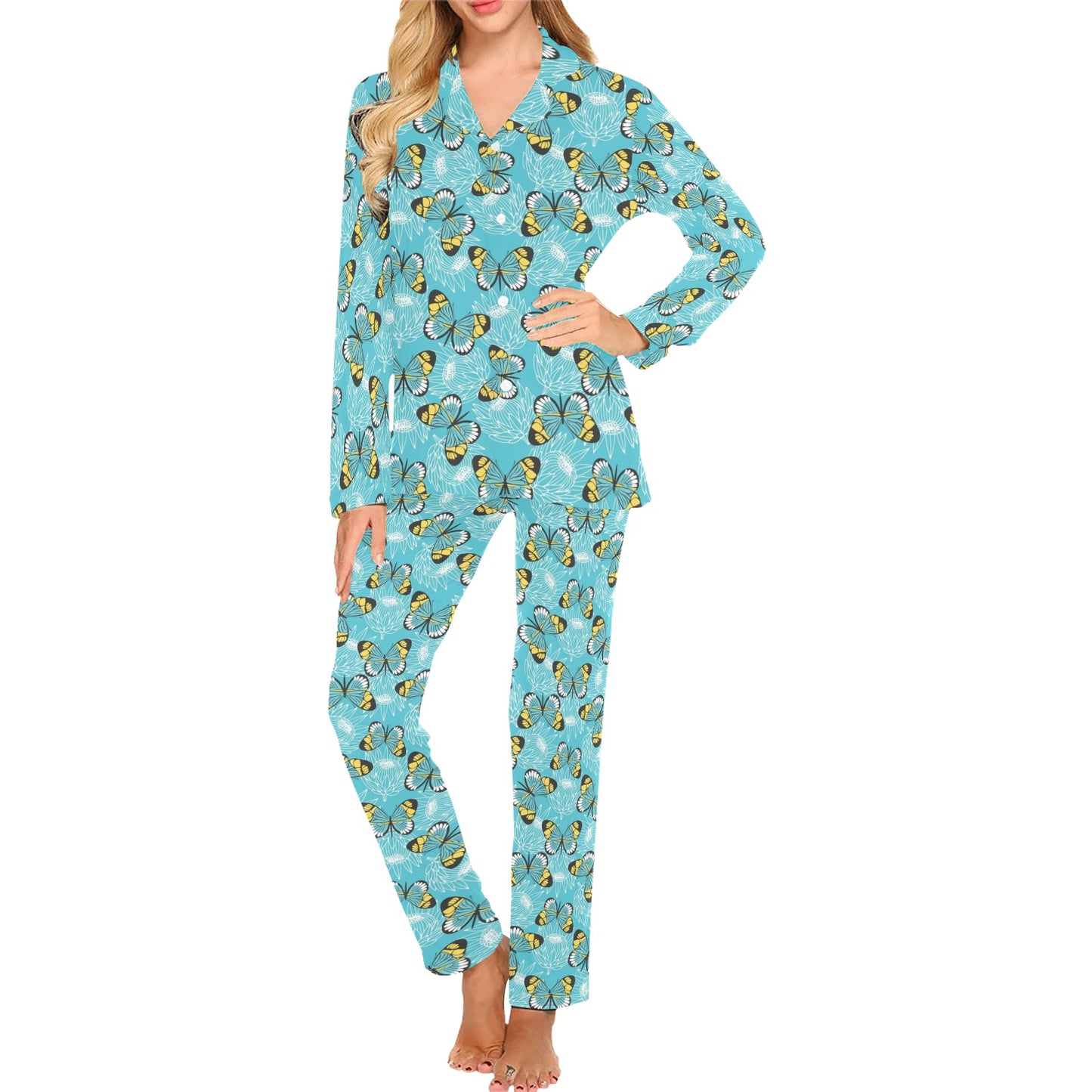 Butterfly Pattern Print Design 010 Women's Long Pajama Set