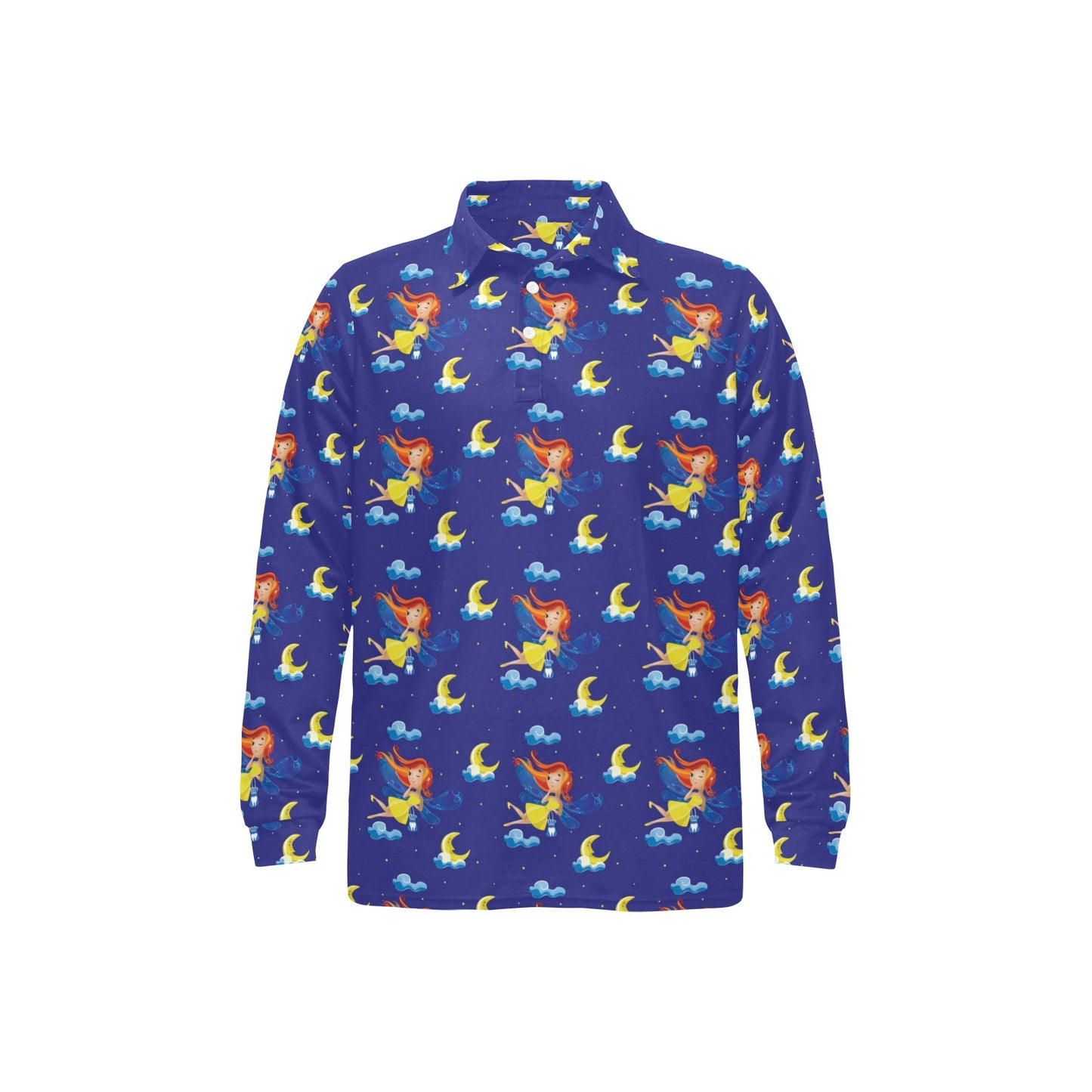 Fairy with Moon Print Pattern Long Sleeve Polo Shirt For Men's