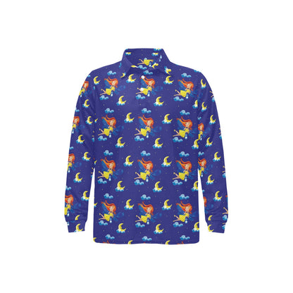 Fairy with Moon Print Pattern Long Sleeve Polo Shirt For Men's