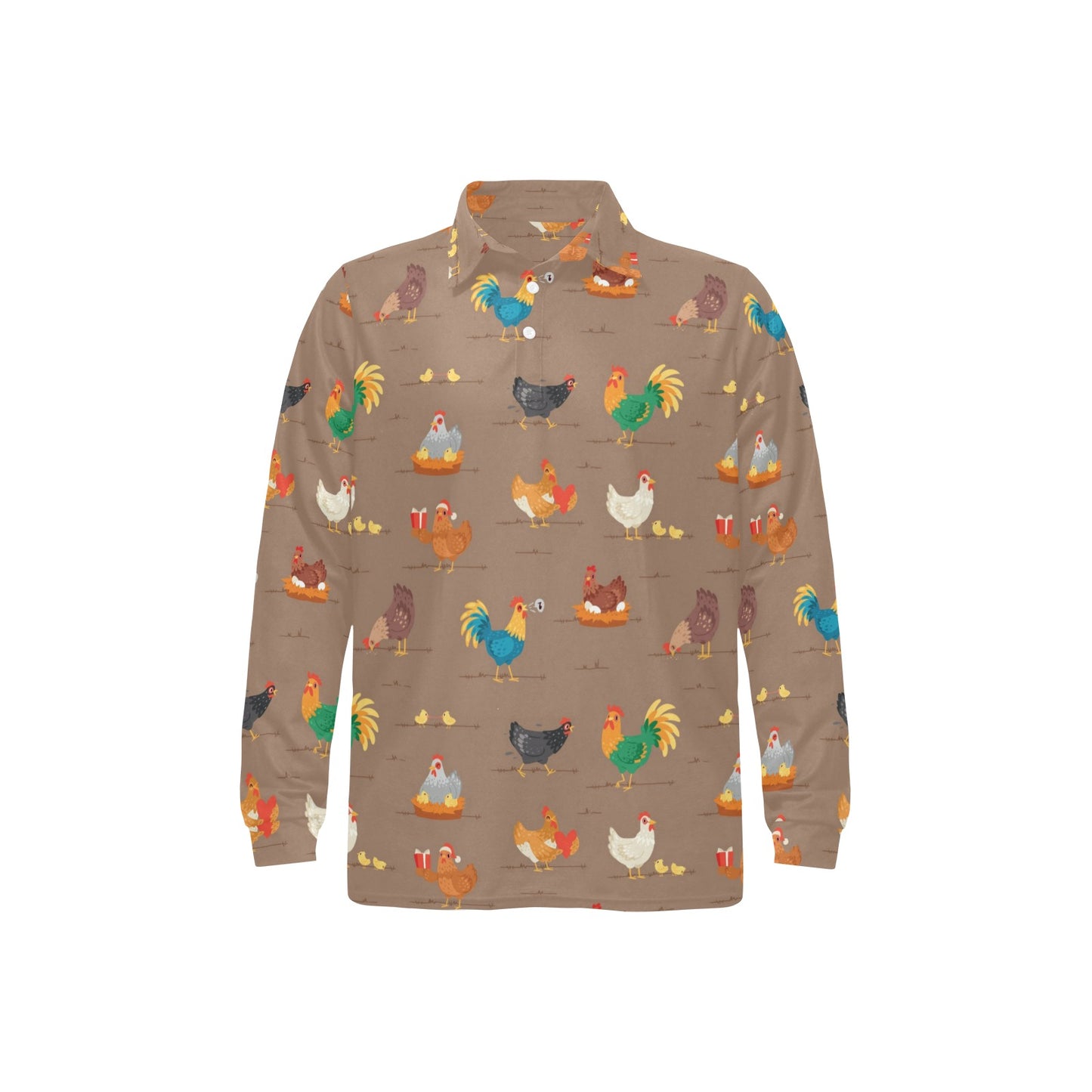 Chicken Happy Print Pattern Long Sleeve Polo Shirt For Men's