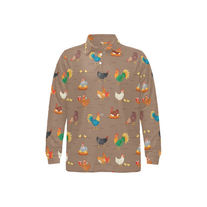 Chicken Happy Print Pattern Long Sleeve Polo Shirt For Men's
