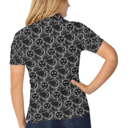 Sun Moon White Design Themed Print Women's Polo Shirt