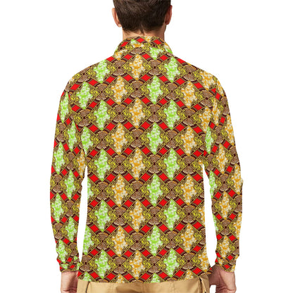 African Classic Print Pattern Long Sleeve Polo Shirt For Men's