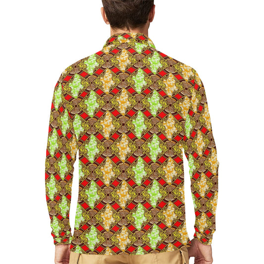 African Classic Print Pattern Long Sleeve Polo Shirt For Men's