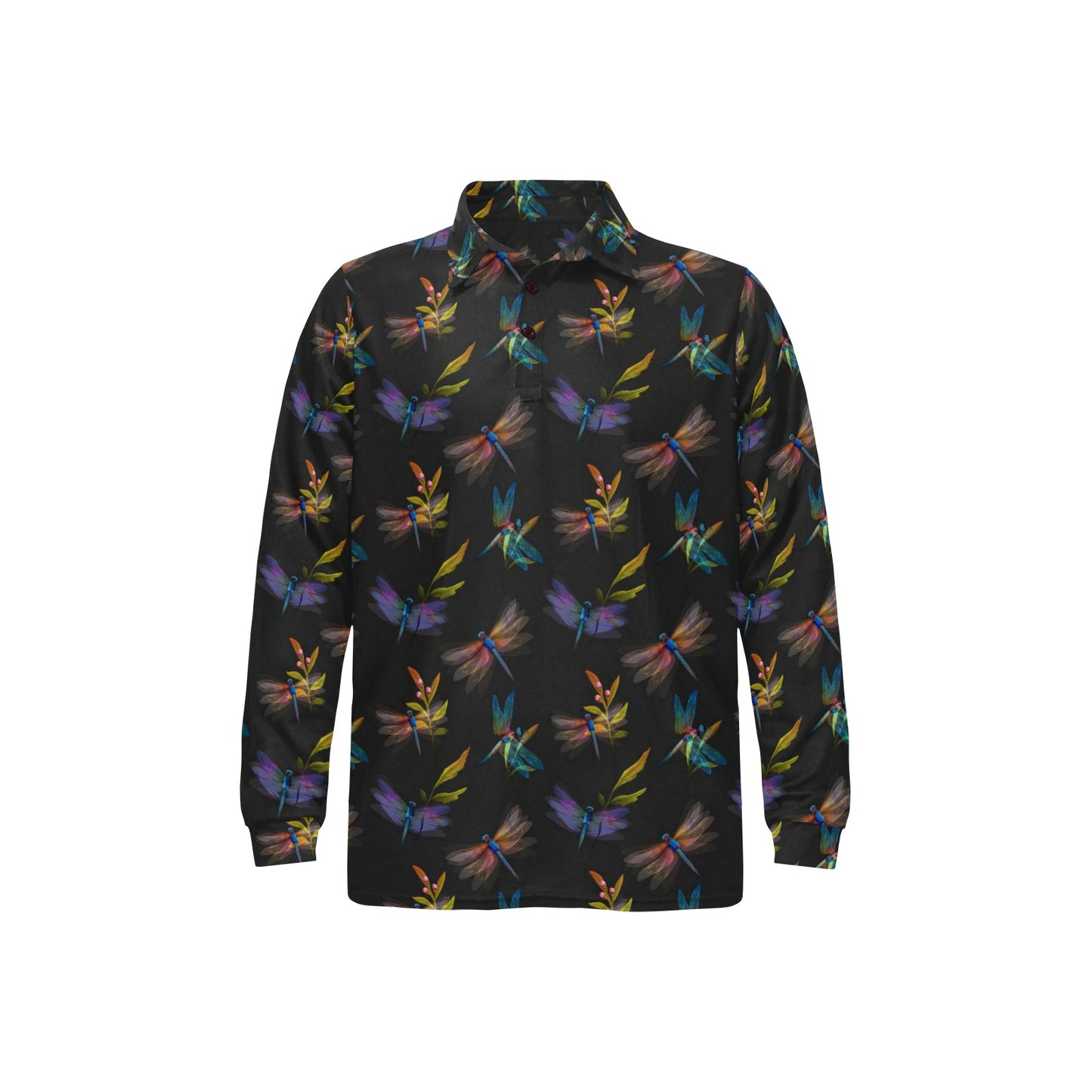 Dragonfly Colorful Realistic Print Long Sleeve Polo Shirt For Men's