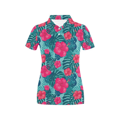 Red Hibiscus Pattern Print Design HB017 Women's Polo Shirt