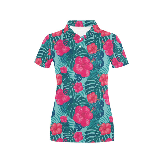 Red Hibiscus Pattern Print Design HB017 Women's Polo Shirt