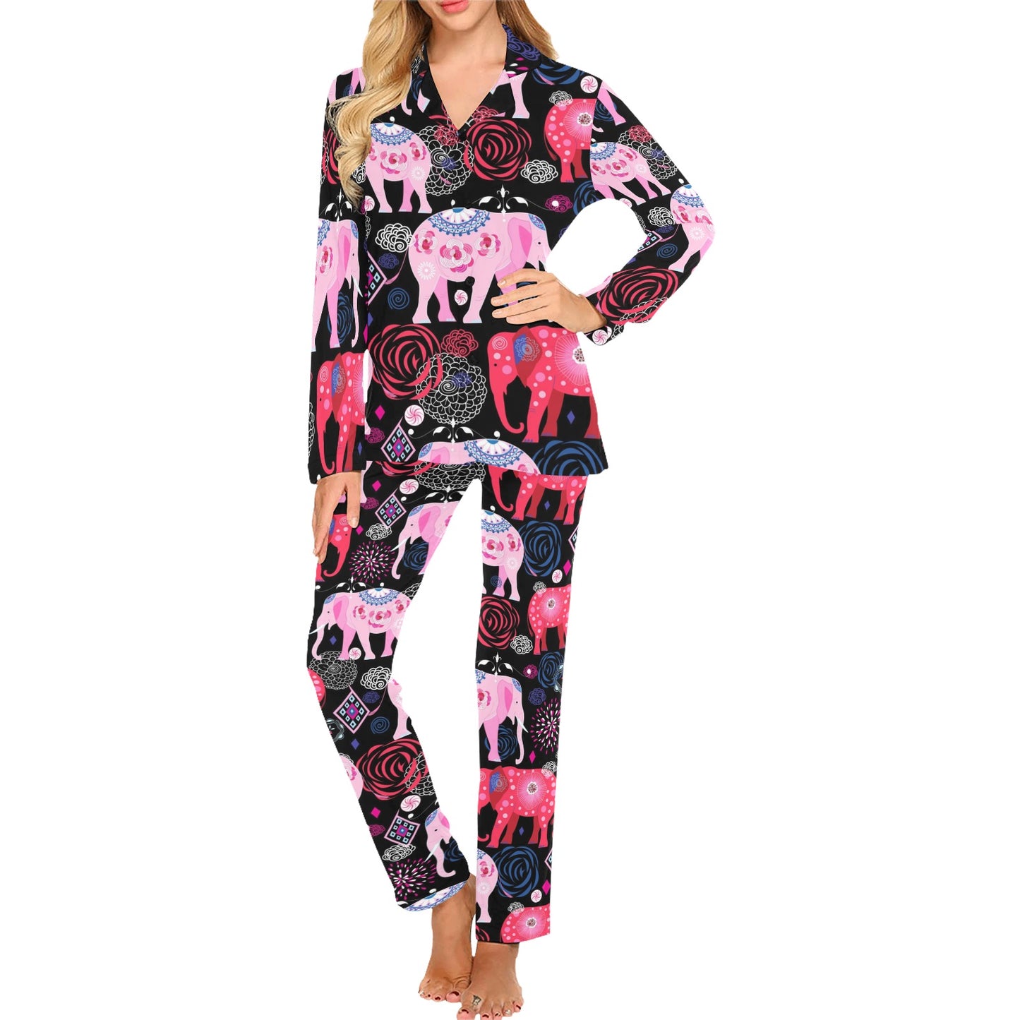 Pink Elephant Pattern Women's Long Pajama Set
