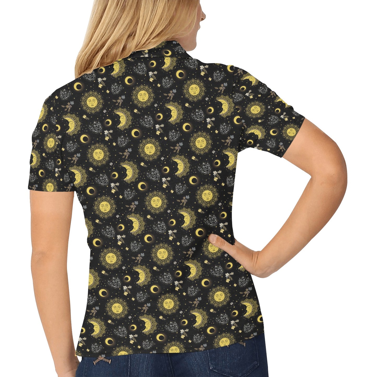 Sun Moon Golden Design Themed Print Women's Polo Shirt