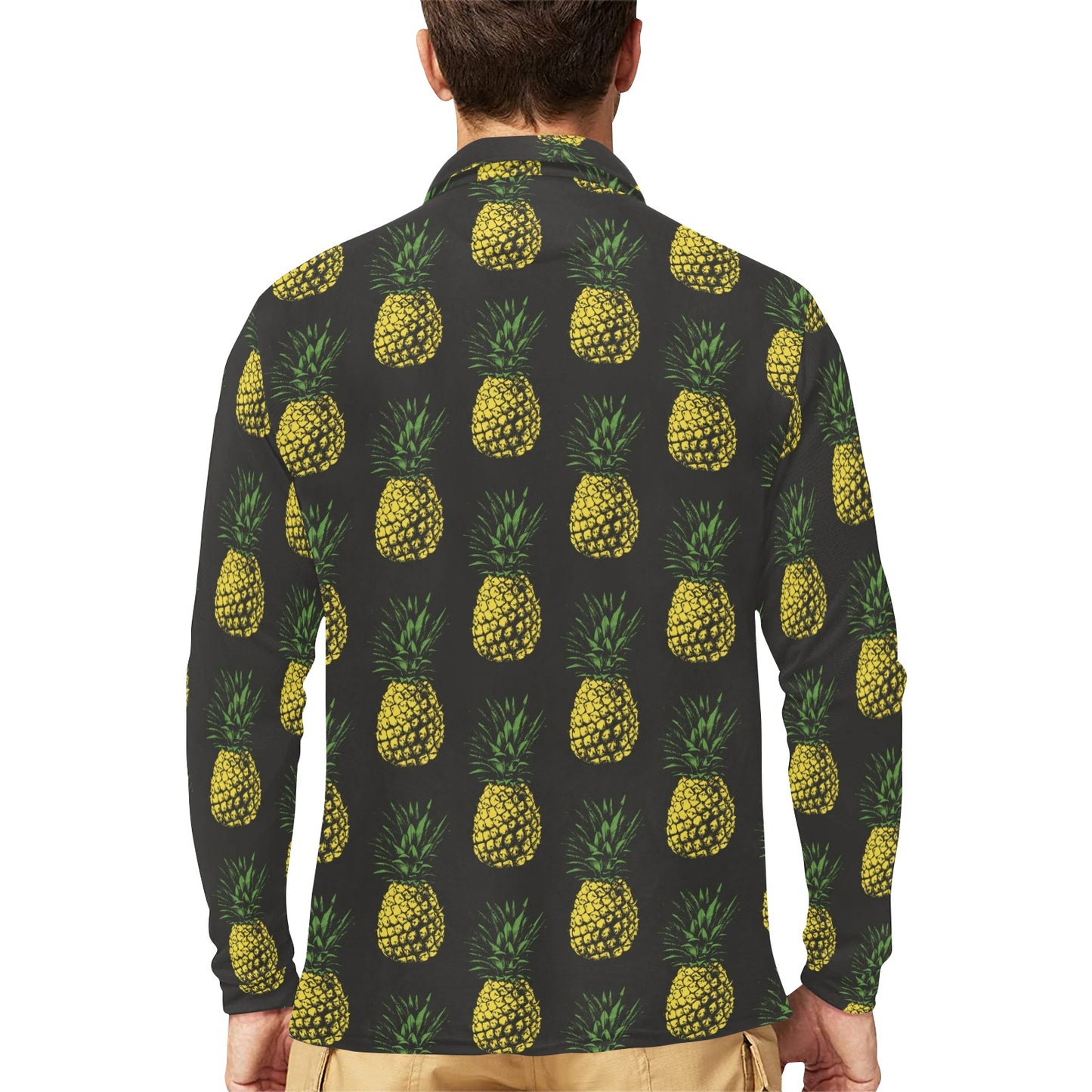 Gold Pineapple Long Sleeve Polo Shirt For Men's