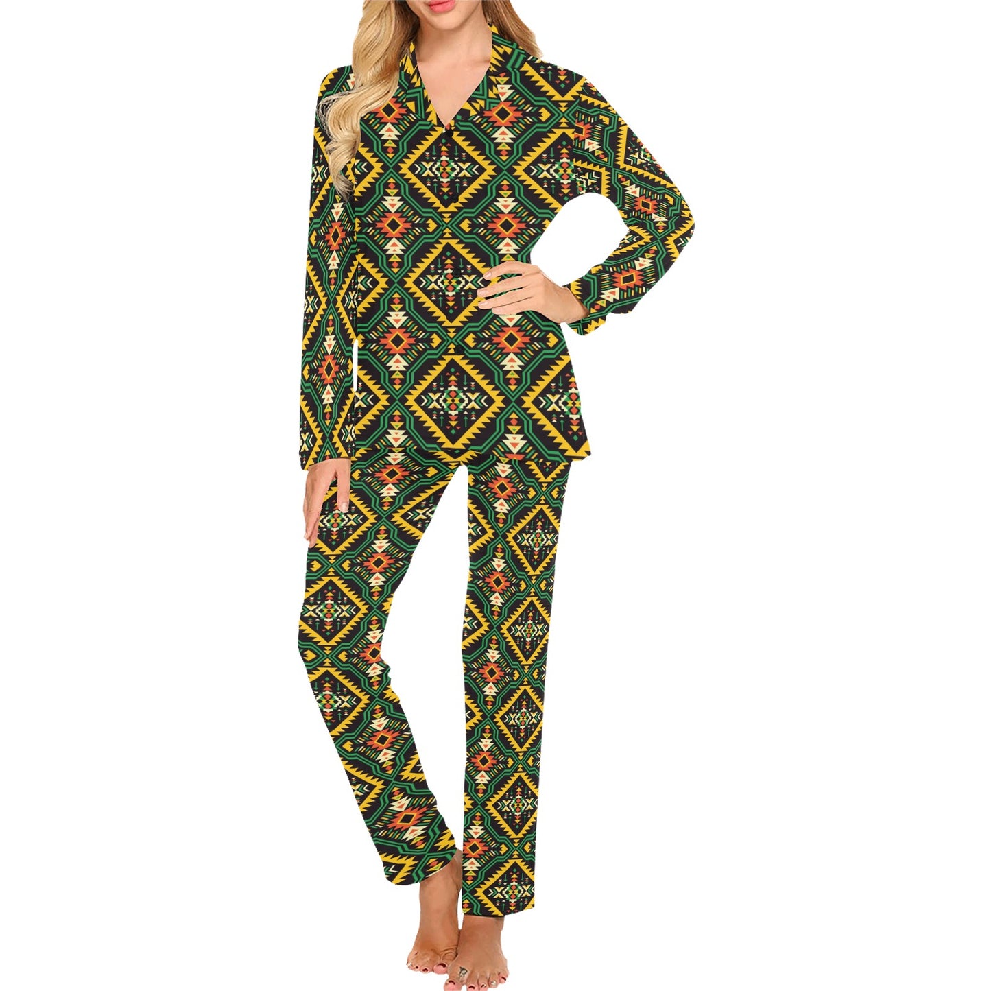 Kente Green Design African Print Women's Long Pajama Set