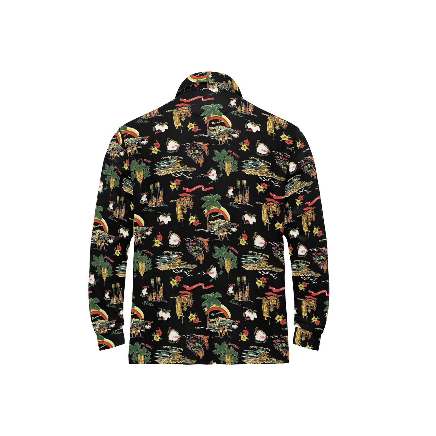 Hawaiian Island Themed Print Long Sleeve Polo Shirt For Men's