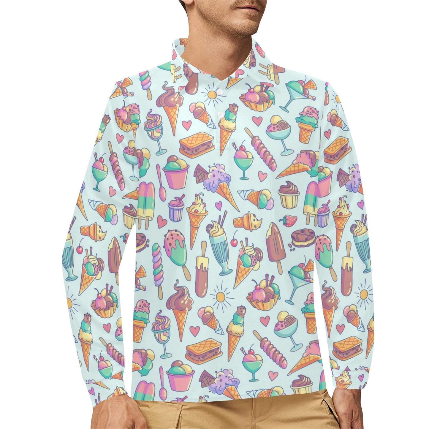 Ice Cream Pattern Print Design IC02 Long Sleeve Polo Shirt For Men's