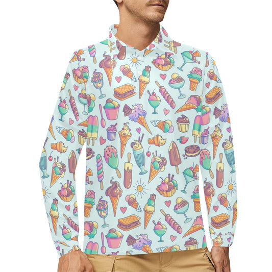 Ice Cream Pattern Print Design IC02 Long Sleeve Polo Shirt For Men's